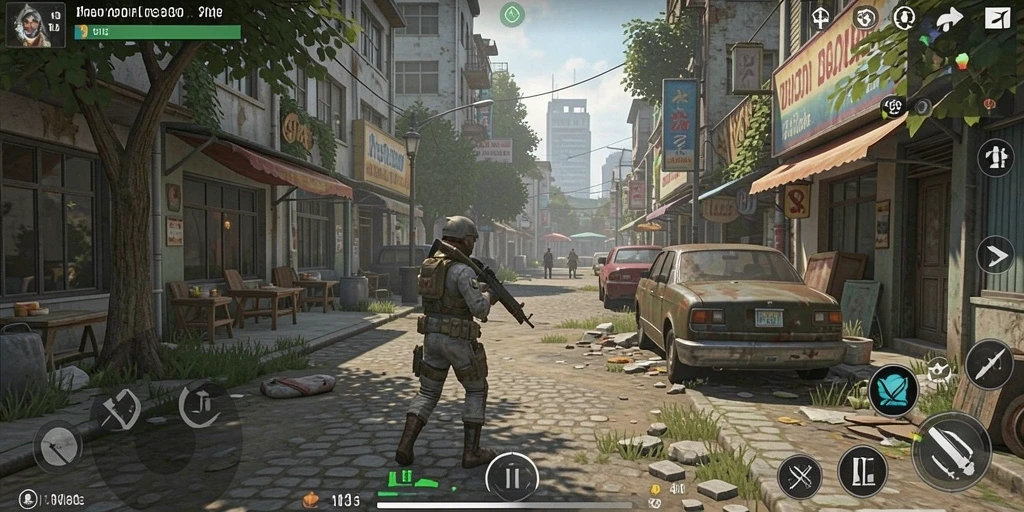Screenshot 1 menunjukkan karakter utama dalam aksi melawan musuh.